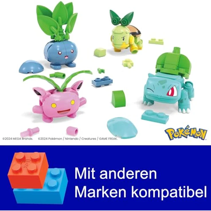 Mega Brands MEGA Pokémon Actionfigur-Bauspielzeug, Pflanze-Typ Trainerteam mit 118 Teilen, bewegliche Bisasam-, Chelast-, Hoppspross- und Myrapla-Figuren, Geschenkidee für Kinder, HWR77 – Bild 2