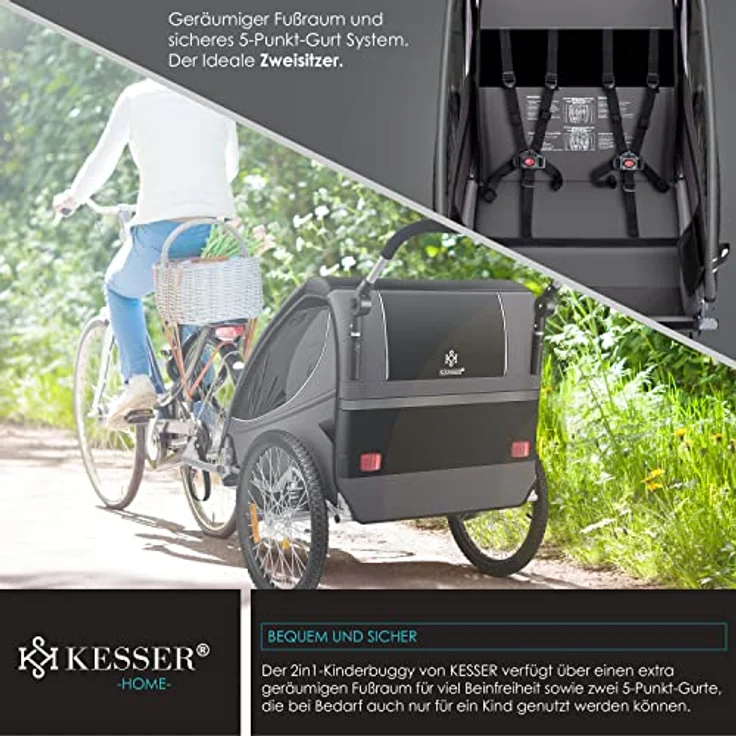 KESSER® Cruiser Kinderanhänger Fahrradanhänger 360° Drehbar mit Federung 2in1 Joggerfunktion Kinderfahrradanhänger + 5-Punkt Gurt Jogger Fahrrad Anhänger für 1 bis 2 Kinder max. 40kg Schwarz / Anthrazit – Bild 6