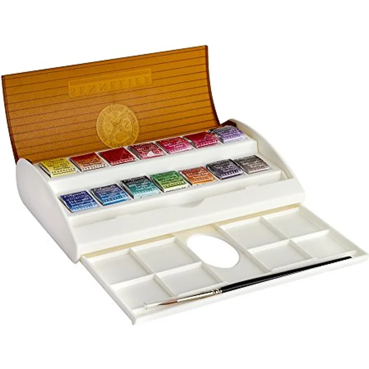 Sennelier Aquarell Reiseset, 14 halbe Näpfchen im Kunststoffkasten mit extra feinen Wasserfarben