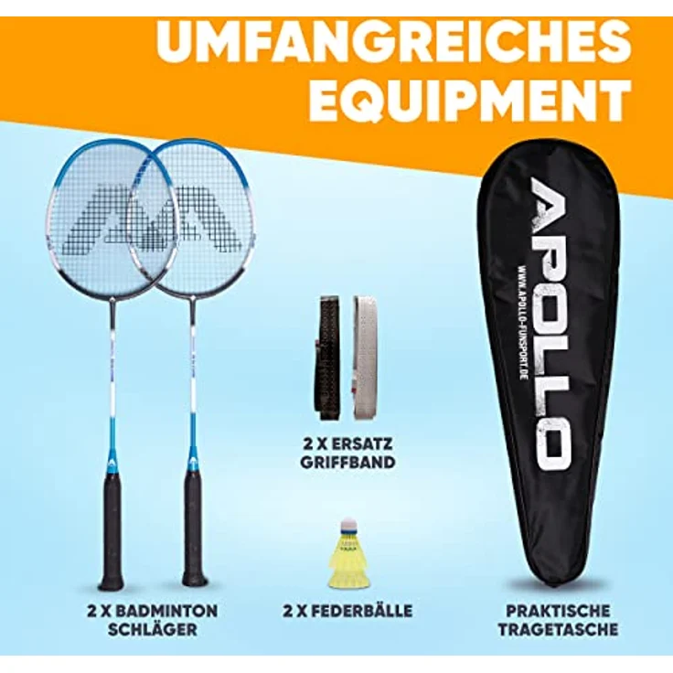 Apollo Badminton Set | Carbon Profi Badmintonschläger | Leichtgewicht Badminton Schläger | Federballschläger Set für Training, Sport und Unterhaltung mit Schlägertasche | Federball Set Kinder – Bild 4