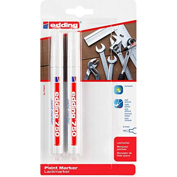 edding 750 Lackmarker - weiß - 2 Stifte - Rundspitze 2-4 mm - Lackstift zur Markierung und Beschriftung von Metall, Glas, Stein oder Kunststoff - hitzebeständig, permanent, wisch- und wasserfest – Bild 2