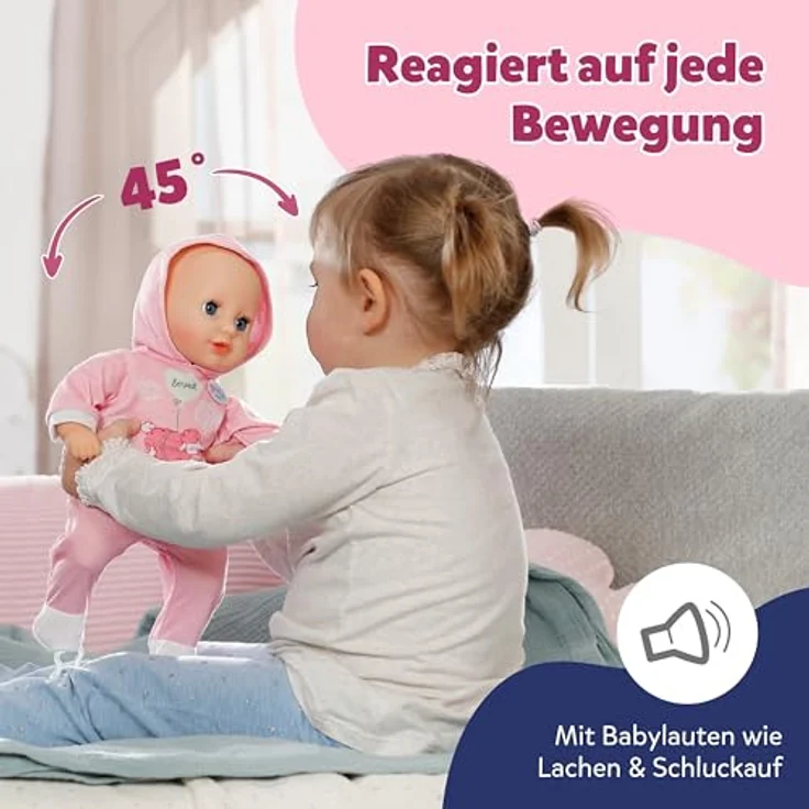 Baby Born Hannah Spiel mit mir, Babypuppe mit weichem Stoffkörper, 36 cm, interaktive Geräusche, inkl. Fläschchen und Schnuller – Bild 3