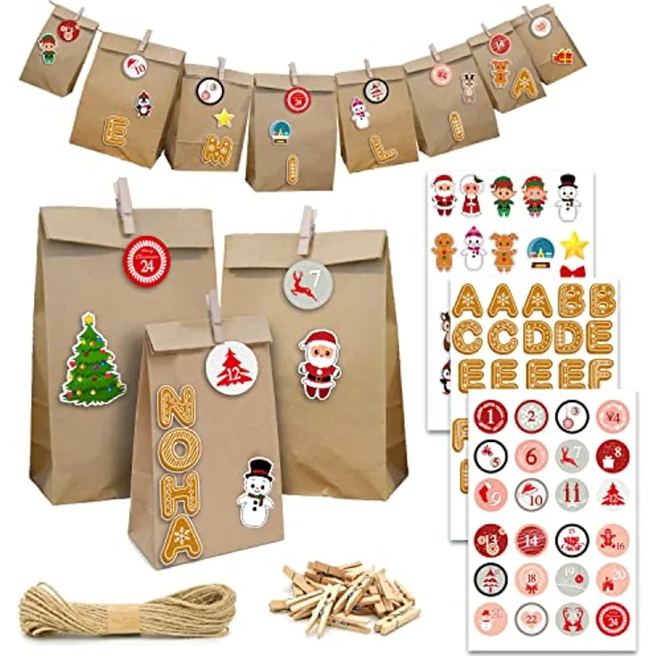 DuneDesign XXL SET MIT NAMEN: Adventskalender zum Befüllen große Tüten - 24 Papiertüten in 3 Größen 100 Sticker Bastelset DIY Adventskalender Zubehör Personalisierte Adventskalender zum Selber Basteln