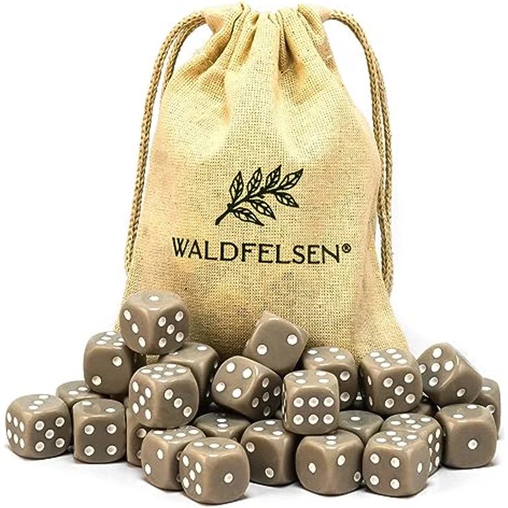 Waldfelsen 6-seitige Acrylwürfel, 30 hochqualitative 16 mm Knobelspielwürfel im Stoffbeutel, Grau – Bild 1