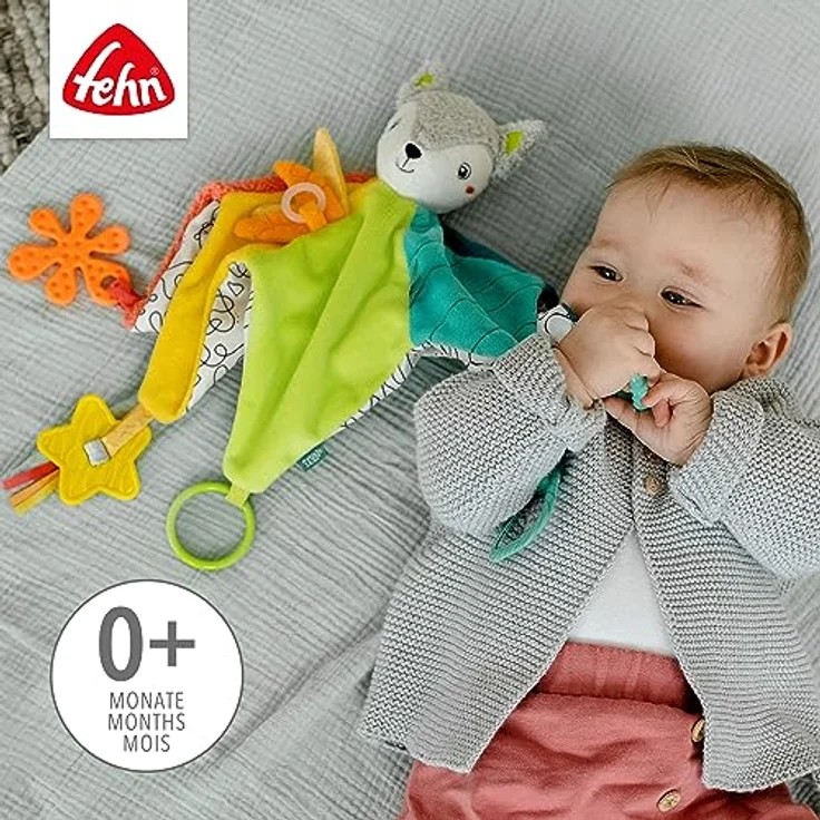Fehn Activity-Schmusetuch Fuchs Deluxe – Plüschtier, Einschlafhilfe & Schnuffeltuch mit Rassel, Quietsche, Raschelpapier, Spiegel, Beißer zum Knuddeln, Greifen – für Babys & Kleinkinder ab 0+ Monaten – Bild 3