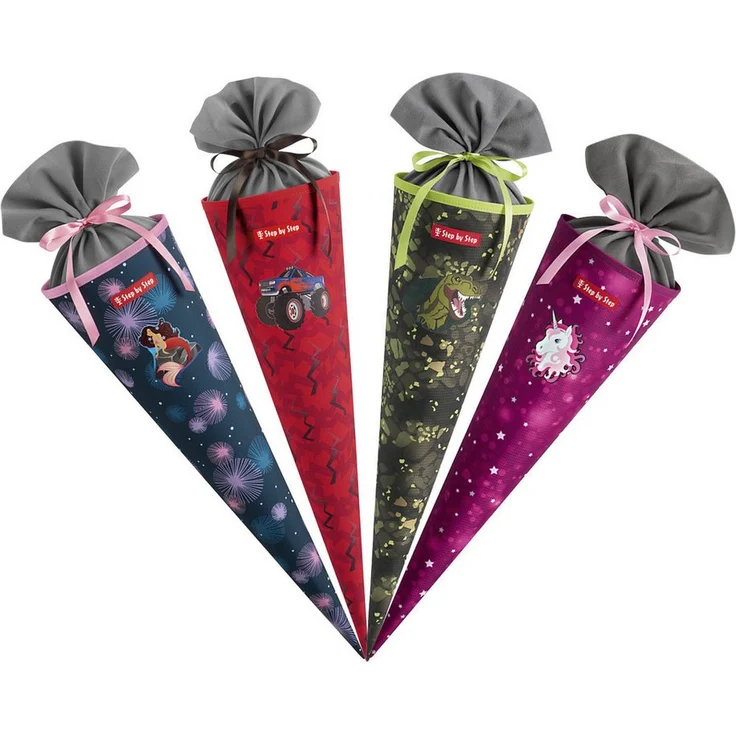 Step by Step Schultüte, Zuckertüte mit eingenähtem Bändchen, 5 Liter Volumen, aus 100% recyceltem Material, bunt