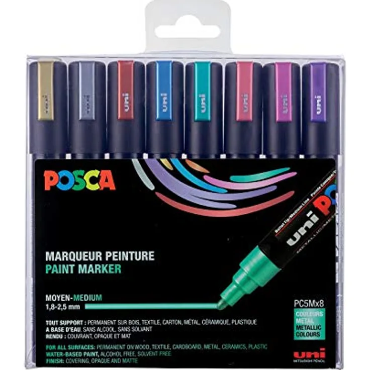 uni-ball 182520 - POSCA Marker mit mittelfeiner Rundspitze, 8er Set, Metallic