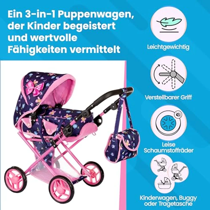 Kinderplay Puppenwagen 3 in 1 mit Tragetasche, höhenverstellbar 34.5 cm - 64 cm, KP0200I, rosa – Bild 3