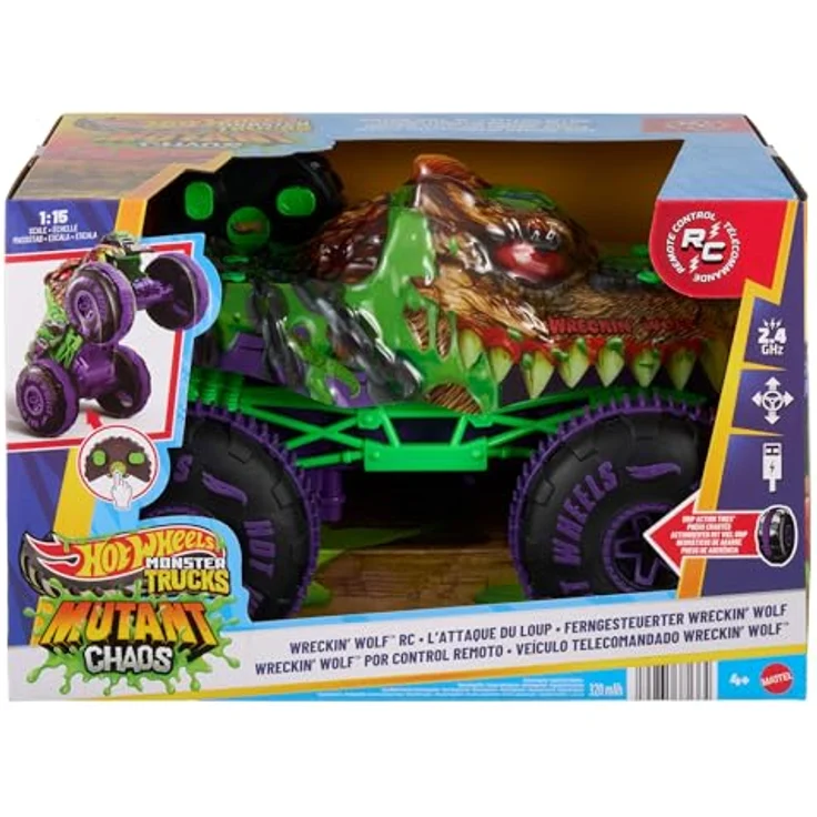 Hot Wheels Monster Trucks Wreckin‘ Wolf, ferngesteuertes Spielzeug im Maßstab 1:15 mit Offroad-Reifen und stuntfähigen Hinterrädern, für Kinder ab 4 Jahren – Bild 6