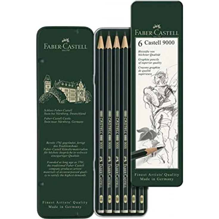 Faber-Castell Bleistift CASTELL 9000, 6-tlg. Set mit Härtegraden HB, B, 2B, 4B, 6B, 8B im Metalletui, bruchfeste Mine – Bild 2