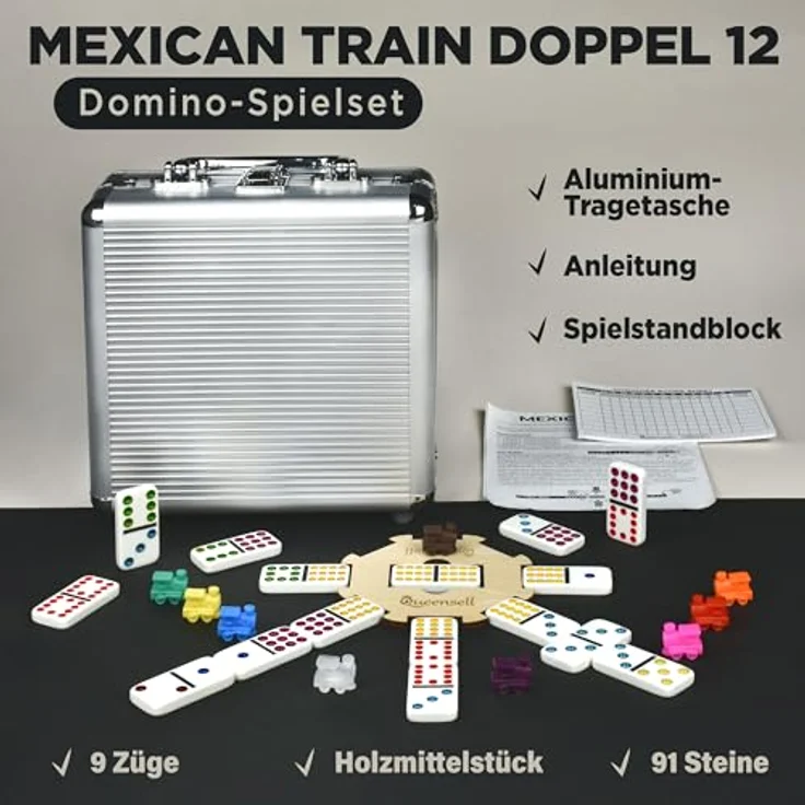 Queensell Mexican Train Domino-Set, Doppel-12 Legespiele mit Holzmittelstück und Aluminium-Tragekoffer für Familienspiele, farbenfrohe Steine für Erwachsene und Kinder ab 8 Jahren – Bild 2