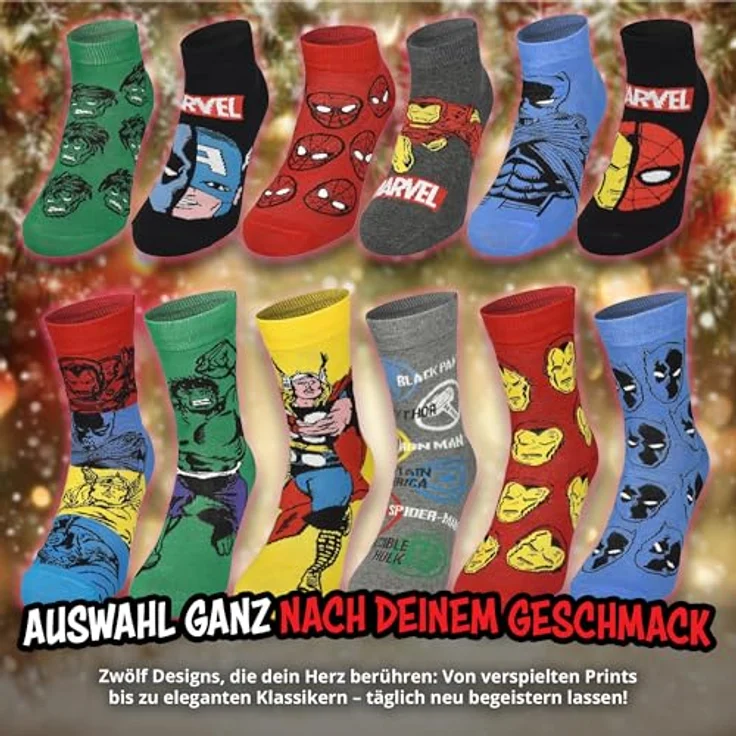 United Labels Marvel Adventskalender, 12 Paar Socken für Herren, Größe 40-45, mit klassischen und Sneakersocken, offizielle Marvel Merchandise – Bild 4