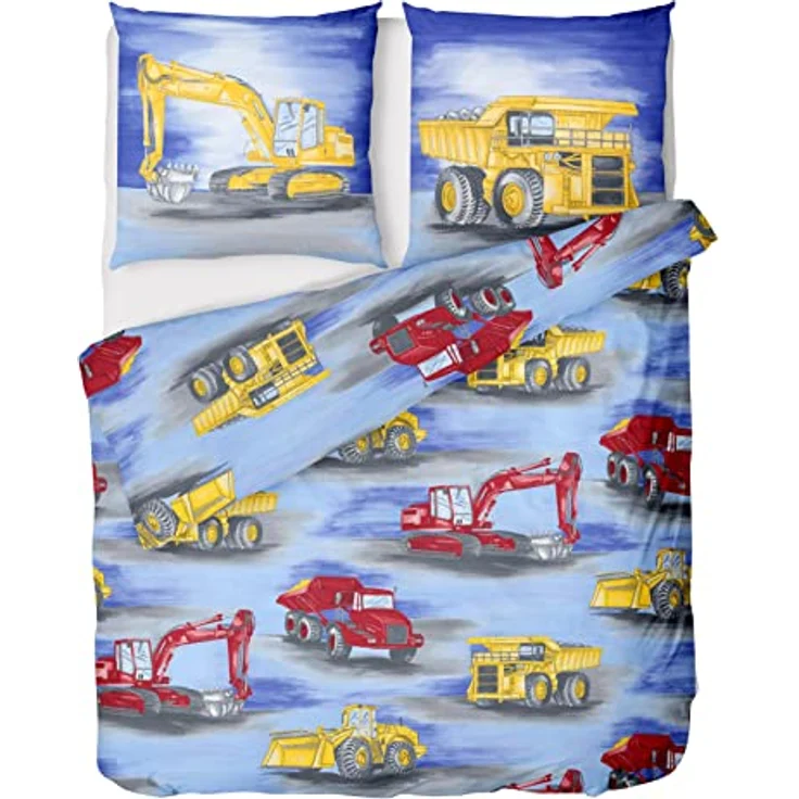 LINKHOFF Bagger Bettwäsche Set 135x200 für Kinder - Kinderbettwäsche 135x200 Jungen mit Baustellenfahrzeuge - Renforce Baumwolle - Kissen + Bettbezug – Bild 1