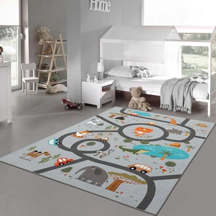 Teppich-Traum Kinderteppich, rutschfester Spielteppich mit Safari-Motiv, grau, 200 x 290 cm, pflegeleicht – Bild 1