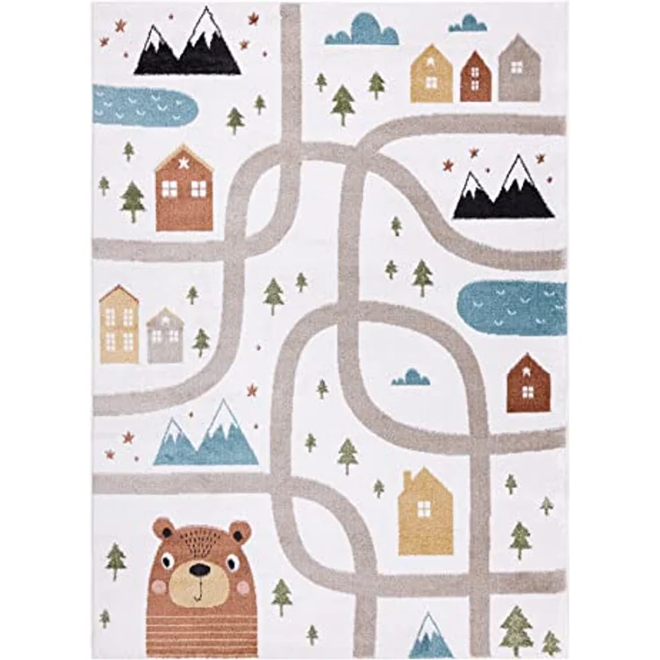 rugsx Fun Polar Kinderteppich mit Muster „Straßen, Wald”, Creme, 120x170 cm, 100% Polypropylen, pflegeleicht – Bild 4