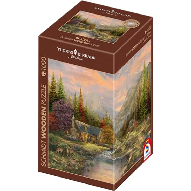 Schmidt Spiele 59799 Bergkulisse mit Bach, Thomas Kinkade, 1000 Teile Holzpuzzle, Mehrfarbig – Bild 3