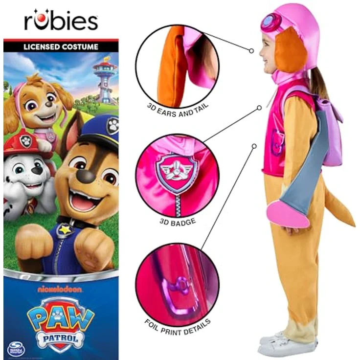 Rubie's Paw Patrol Deluxe Skye Kleinkindkostüm, Verkleidung für Kinder, Größe 2-3 Jahre, umfasst Overall, Hut und Rucksack, lizenziert für Halloween – Bild 4