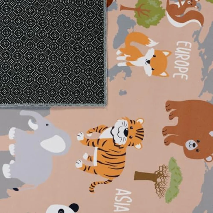 TT Home Kinderteppich, rutschfest, Tiere und Weltkarte, grau-blau-braun, 100x200 cm, 100% Polyester, maschinell gewebt – Bild 4