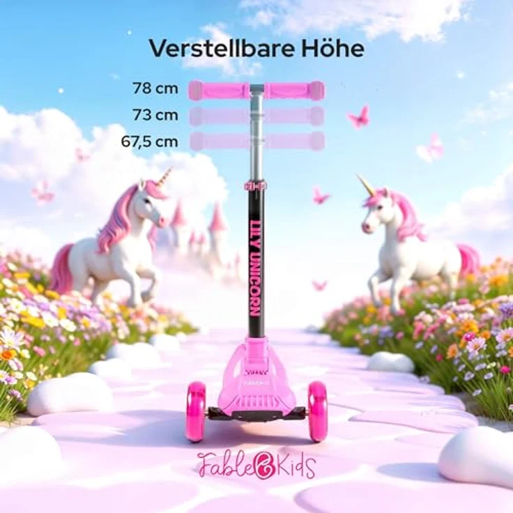 FableKids Kinderscooter LILY UNICORN, pinker Cityroller mit LED-Rädern, für Kinder ab 3 Jahren bis 50 kg, höhenverstellbar und klappbar – Bild 3