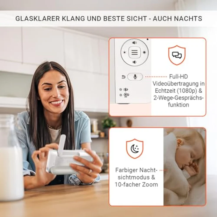 Gigaset Baby 700 Connected, Video-Babyphone mit 5,5" Full HD Touchscreen, sicherer FHSS & WLAN Übertragung, lange Akkulaufzeit, große Reichweite, mit Gigaset App, Cream White/Warm Grey – Bild 5