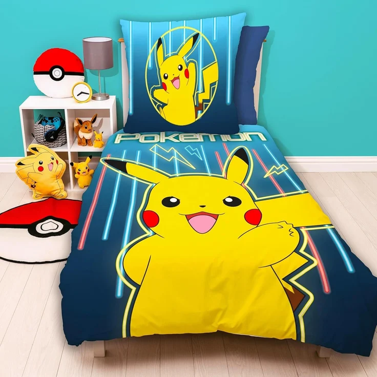 Pokemon Bettwäsche für Kinder mit Pikachu 135x200 80x80 cm Motiv Glow aus 100% Baumwolle – Bild 1