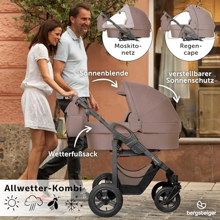 Bergsteiger Capri Kombikinderwagen 3-in-1, Babywanne, Sportsitz & i-Size Babyschale, Luftreifen, Federung, höhenverstellbarer Griff, faltbar, Zubehör – Bild 5