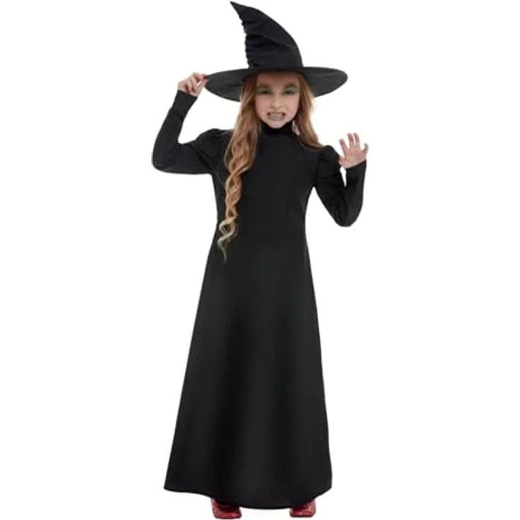 Smiffys Schwarze Zauberin - Hexe Agatha, zweites Kostümset für Kinder mit Kleid und Hexenhut, schwarz aus 100% Polyester