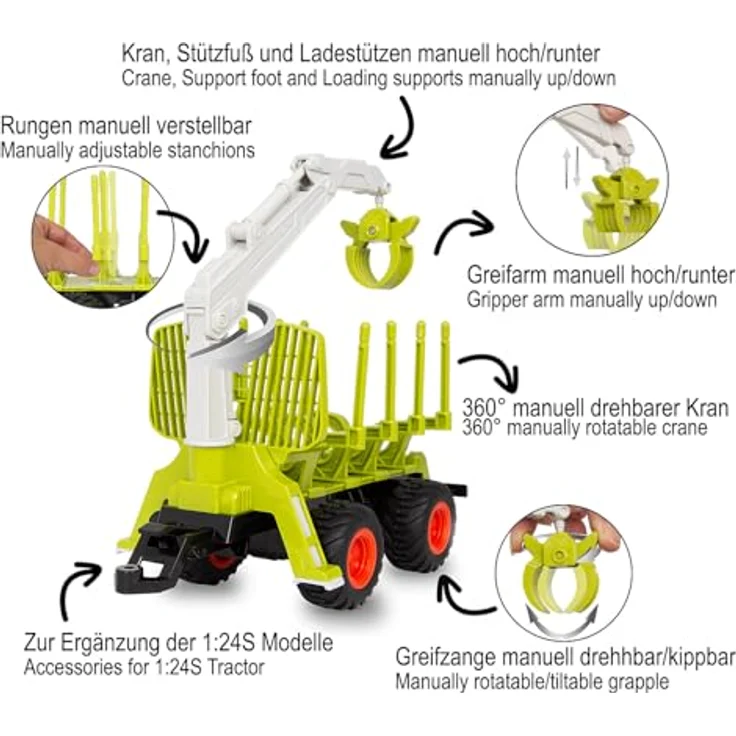 JAMARA 423256 Holzrückewagen mit Kranarm 1:24S, Forstwirtschaft Zubehör, manuelle Bedienung, 360° Schwenkbereich – Bild 4
