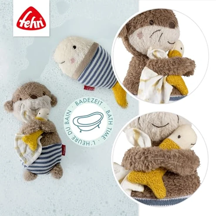 Fehn Badetier Otter – Schwimmendes Stoff-Badewannenspielzeug für fröhlichen Badespaß, 17 cm, Plüsch, Strick, Musselin, blau – Bild 5