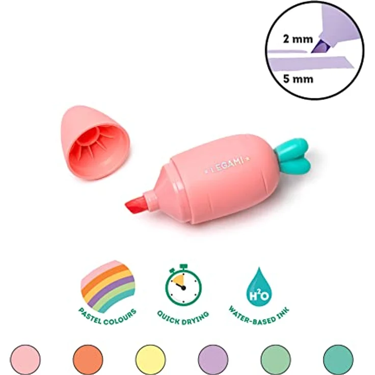 Legami HC0001 Set mit 6 Mini-Textmarker, Carrate Team, in Karotteform, Tinte auf Wasserbasis, für feine und dicke Striche, Pastellfarben, schnell trocknend – Bild 3