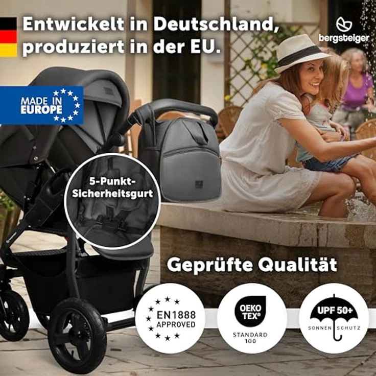 Bergsteiger Capri Kombikinderwagen 3-in-1, Babywanne, Sportsitz & i-Size Babyschale mit Luftreifen, Federung, höhenverstellbarem Griff, faltbar, Zubehör – Bild 4