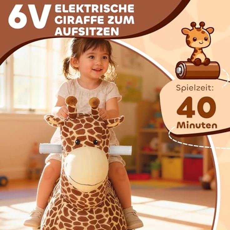 AIYAPLAY Kinder Elektroauto Giraffe, 6V Batteriebetriebenes Fahrzeug mit Musik, waschbarem Plüschbezug, leisen Rädern, 1,8-3 km/h für Kinder von 1,5-5 Jahren, Braun – Bild 4