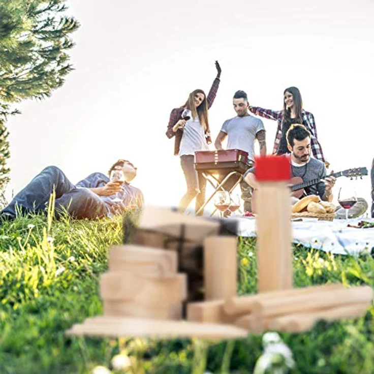 Relaxdays Wikinger Wurfspiel aus Kiefernholz, Natur Kubb Wikingerspiel, roter König, groß, Gartenspielzeug mit Tasche – Bild 3
