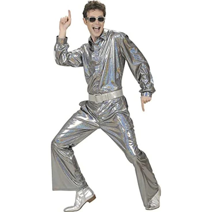 Widmann Disco Glitzer Herrenhose, silber, Schlaghose aus 100% Polyester für Fasching und Mottopartys, Größe XL – Bild 5