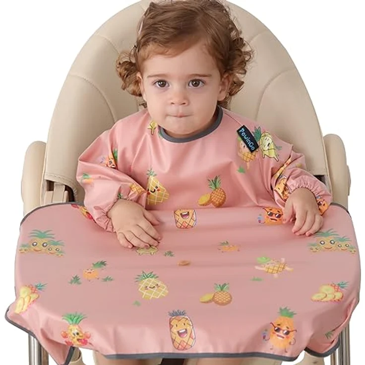 PewinGo Baby Lätzchen mit Ärmeln, wasserdicht und maschinenwaschbar, für Hochstühle, rosa, geeignet für Babys von 6 bis 30 Monaten – Bild 1