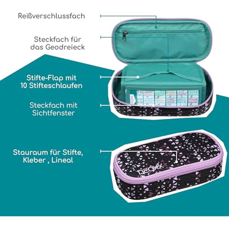 neoxx Jump Schlamperbox Purple Crush, aus 100% recycelten PET-Flaschen, Hauptfach mit Reißverschluss, 10 Stifteschlaufen, Sichtfenster, ideal für Schulbedarf und kreative Ordnung – Bild 5