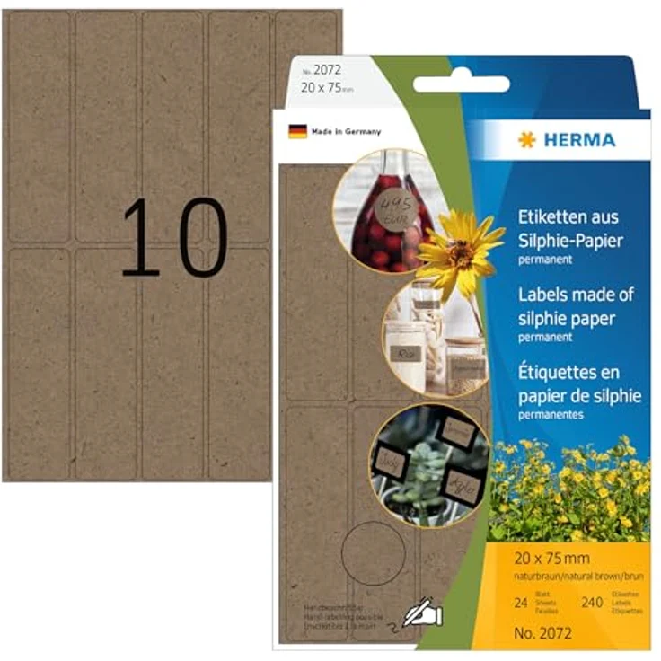 HERMA 2072 Vielzweck-Etiketten aus Graspapier, selbstklebend, natur-braun, 240 Stück, 20 x 75 mm, FSC-zertifiziert – Bild 1