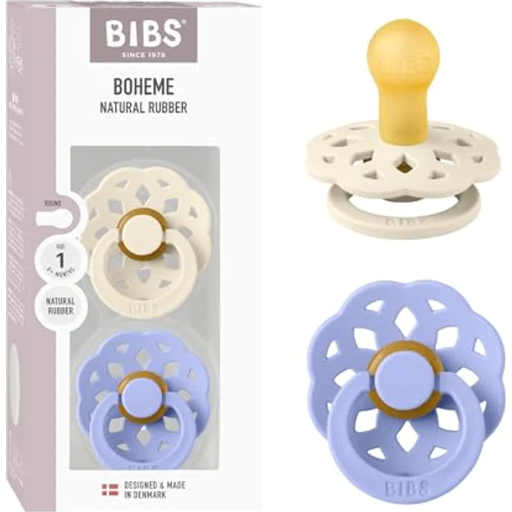 BIBS Boheme Schnuller, 2er-Pack für 6-18 Monate, aus Naturkautschuklatex, Bubblegum/Peri – Bild 1