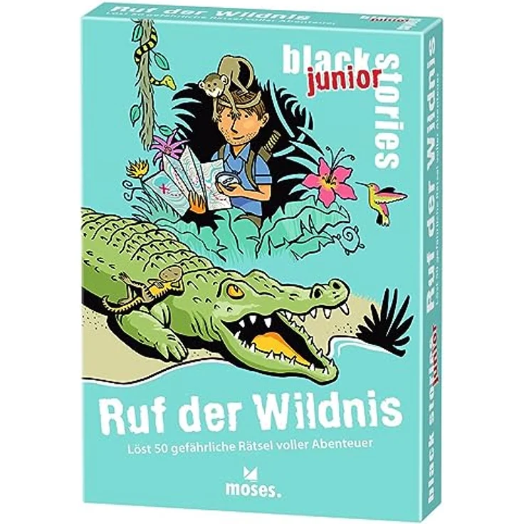 moses 90091 Black Stories Junior Ruf der Wildnis-50 gefährliche voller Abenteuer, Das Rätsel Kartenspiel Zwei Spielvarianten, Rätselspiel für Kinder ab 8 Jahren, White – Bild 1