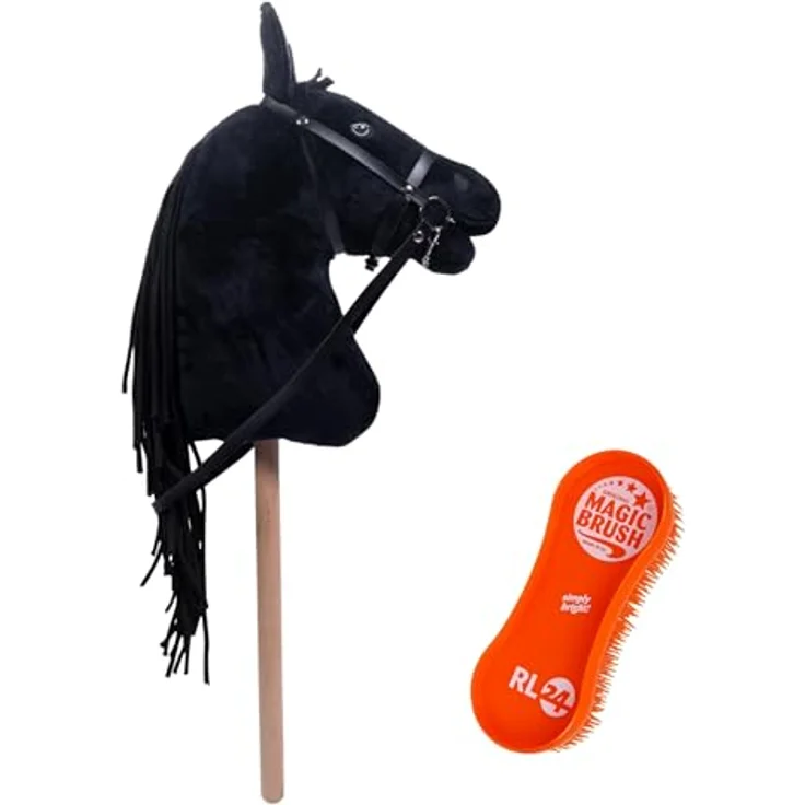 RL24 Hobby Horse Bobby, Steckenpferd mit Trense, Plüsch-Spielpferd mit 40 cm Holzstock, ohne Griffe & Rollen, schwarz, inkl. MagicBrush – Bild 2