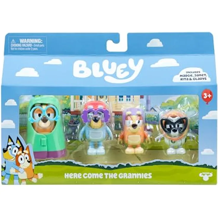 Bluey 4er-Figurenpackung „Hier kommen die Omis“, bewegliche Kinderspielzeuge mit Zubehör, 6-7,6 cm, inkl. Madge, Janet, Rita und Gladys