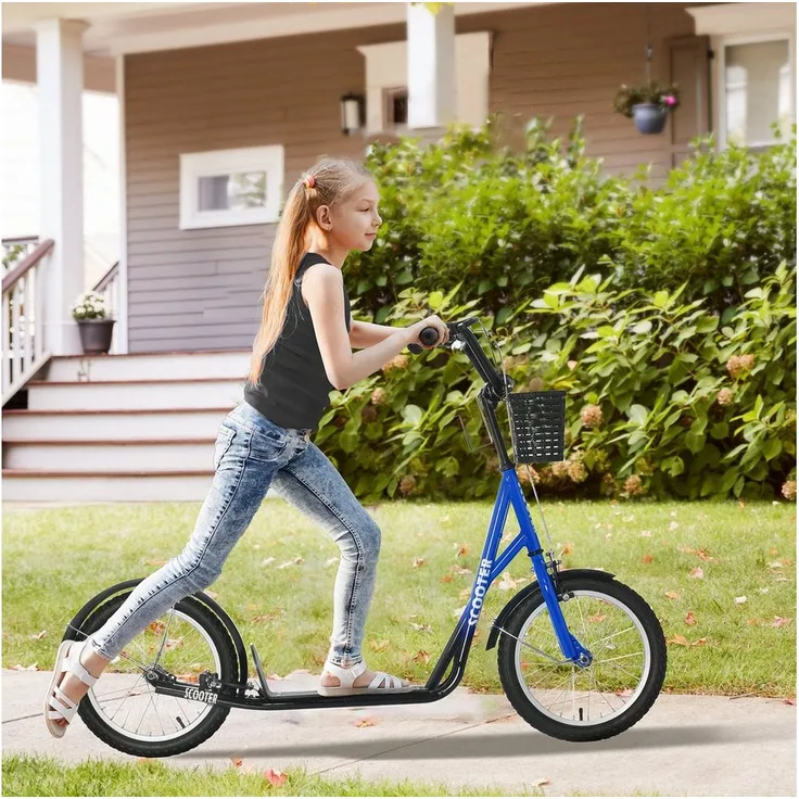 HOMCOM Cityroller Kickscooter für Kinder 5-12 Jahre, höhenverstellbar, inkl. Korb, blau-schwarz, 1 km/h, doppeltes Bremssystem