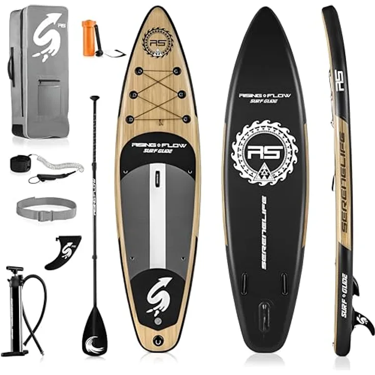 SereneLife SUP Board Set, Aufblasbares Stand Up Paddle Board in Holzoptik mit Paddel, Pumpe, Leine, Finne und Rucksack, max. Tragkraft 160 kg, für Kinder & Erwachsene, ideal für Seen und Meer