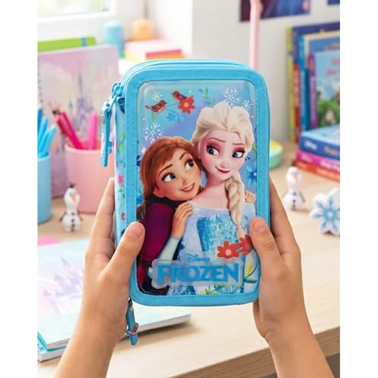 Clondo 3-Fach Federmäppchen Mädchen Gefüllt für Die Eiskönigin Frozen Fan, 46-teiliges Schulmäppchen Set mit Radierbaren Stiften, Filzstiften & Buntstiften, ideal für Schule & Geschenk, 20x12x7 cm – Bild 5