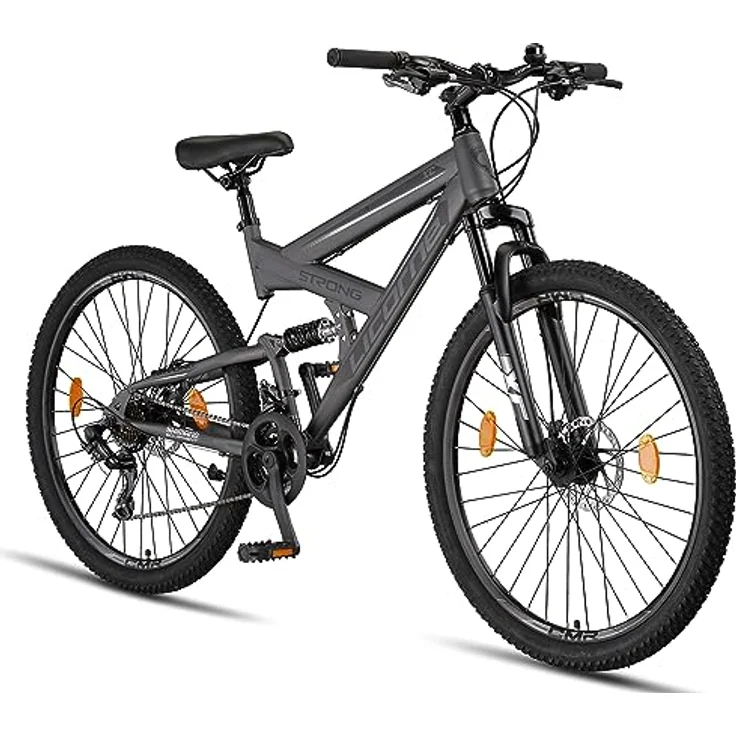 Licorne Bike Strong 2D Premium Mountainbike in 26, 27.5 und 29 Zoll Fahrrad für Jungen Mädchen Damen und Herren Scheibenbremse vorne und hinten 21 Gang Schaltung Vollfederung (27.5 Zoll, Anthrazit) – Bild 1