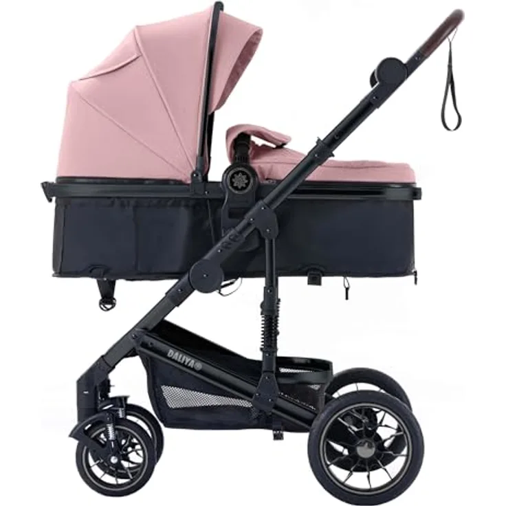 Daliya® NEOMOVE 2in1 Kombi-Kinderwagen | Buggy mit klappbarer Babywanne und Sportsitz | Leichter Alu-Rahmen, große pannensichere Räder, individuell einstellbare Rückenlehne | Großer Einkaufskorb (Schwarz-Rosa)