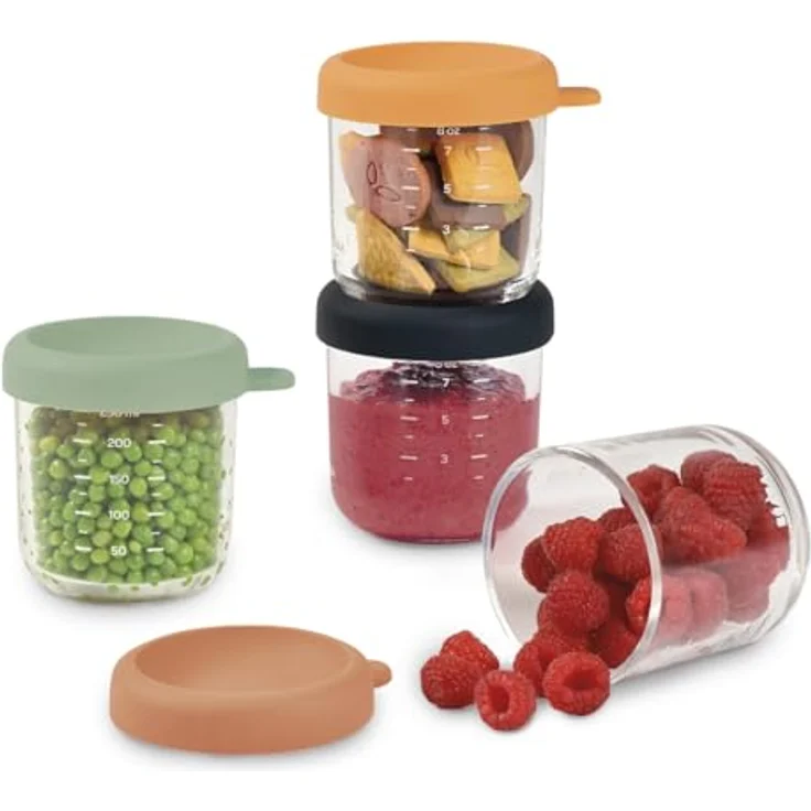 Beaba Glasportionenset, Babynahrungsbehälter mit 4 x 250 ml Portionengläschen, hitzebeständig und mit hermetischen Silikondeckeln, transparent – Bild 1