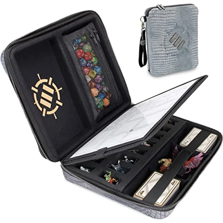 ENHANCE RPG-Organizer-Etui, Sammleredition – DND-Ordner mit Charakterbogenhalter, Würfelrollbereich, herausnehmbarer Stifttasche, Miniatur-Schaumstoffablage, Drachen Silber – Bild 1