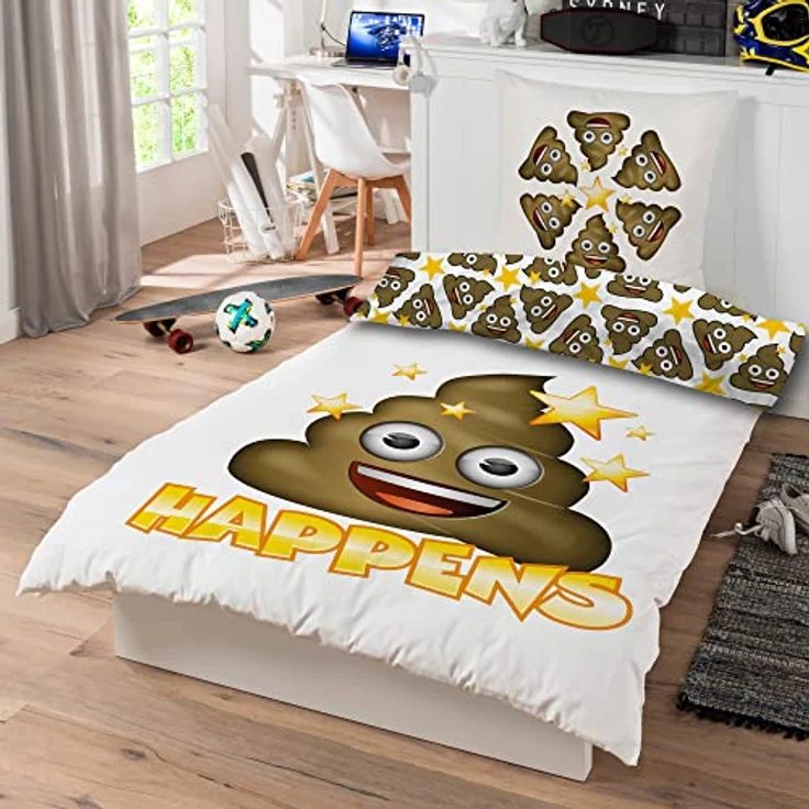 BERONAGE Emoji Bettwäsche Shit Happens 135 x 200 cm + 80 x 80 cm 100% Baumwolle in Renforcé-Linon-Qualität Wende-Bettwäsche deutsche Größe EM 042, Pile of Poo Emoti Poop Smiley – Bild 2