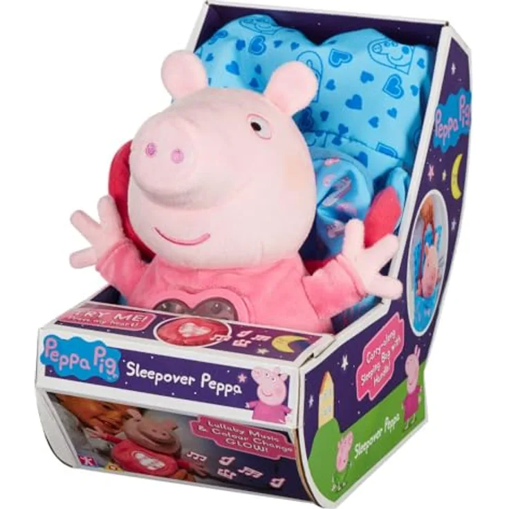 BANDAI Peppa Wutz Pyjama-Party Plüschtier mit Schlafsack und Herzlicht, weich und kuschelig
